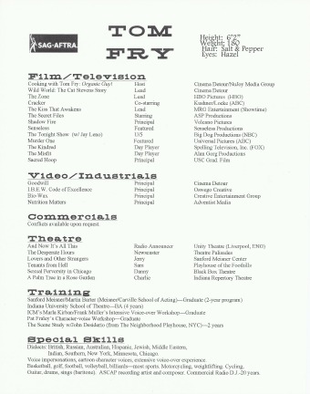 Tom Fry Acting Resume